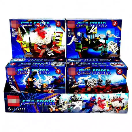 Конструкторы Человек паук (818, 4 вида, ~94 дет) бокс из 8 шт JX111